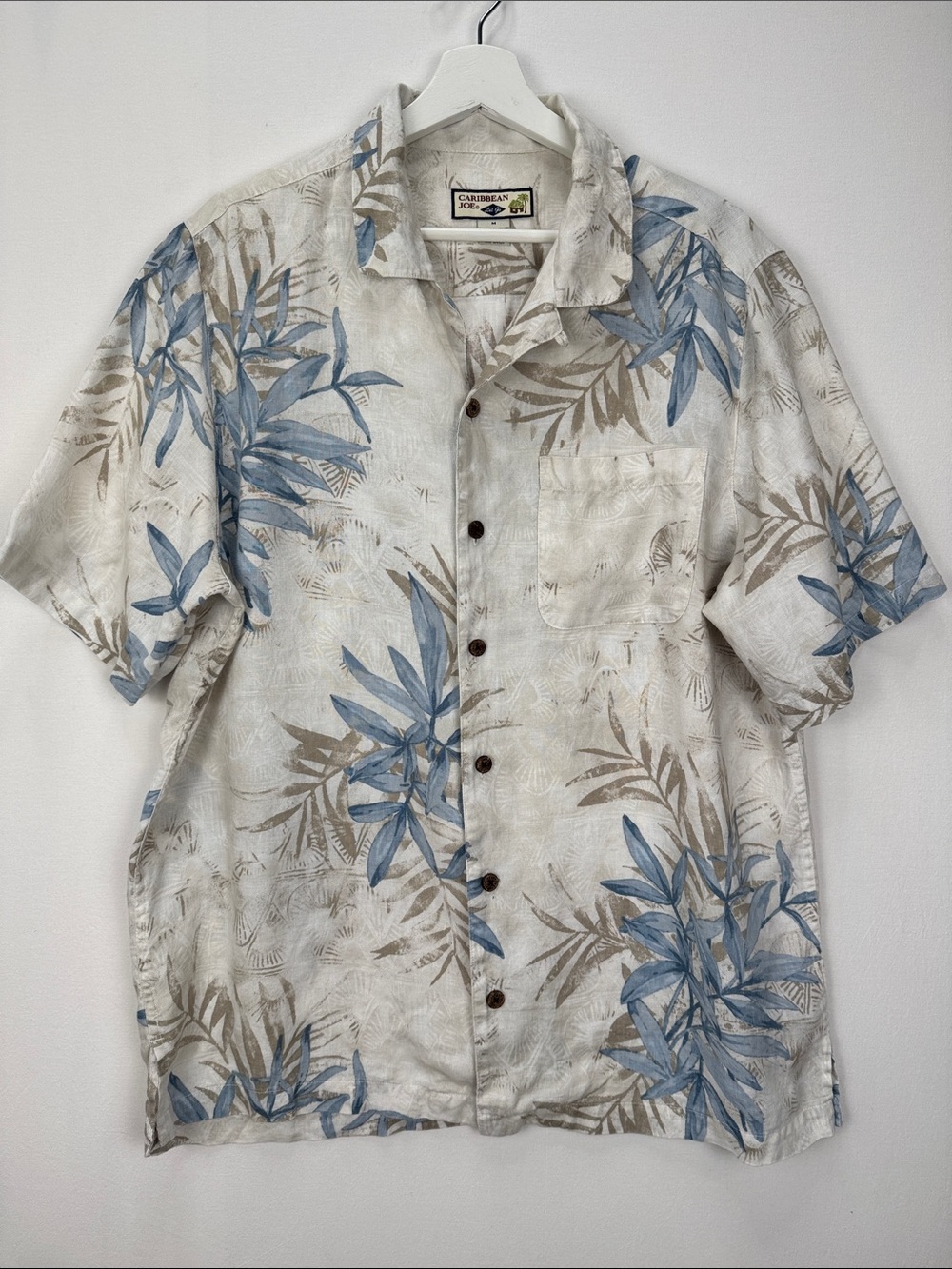 Caribbean Joe Let Go Tropical Linen Button Front Shirt Men M Blue Leaf Print